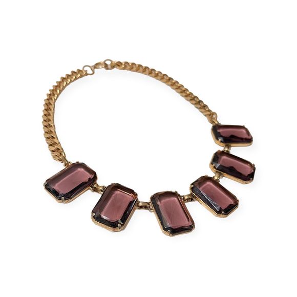 Vintage Art Deco Gold Tone Amethyst Glass Necklace - Picture 2 of 8